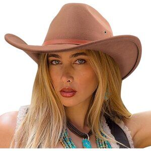 Women's Camel Western With Leather Band Buckle Classic Fedora Cowboy Felt Hat